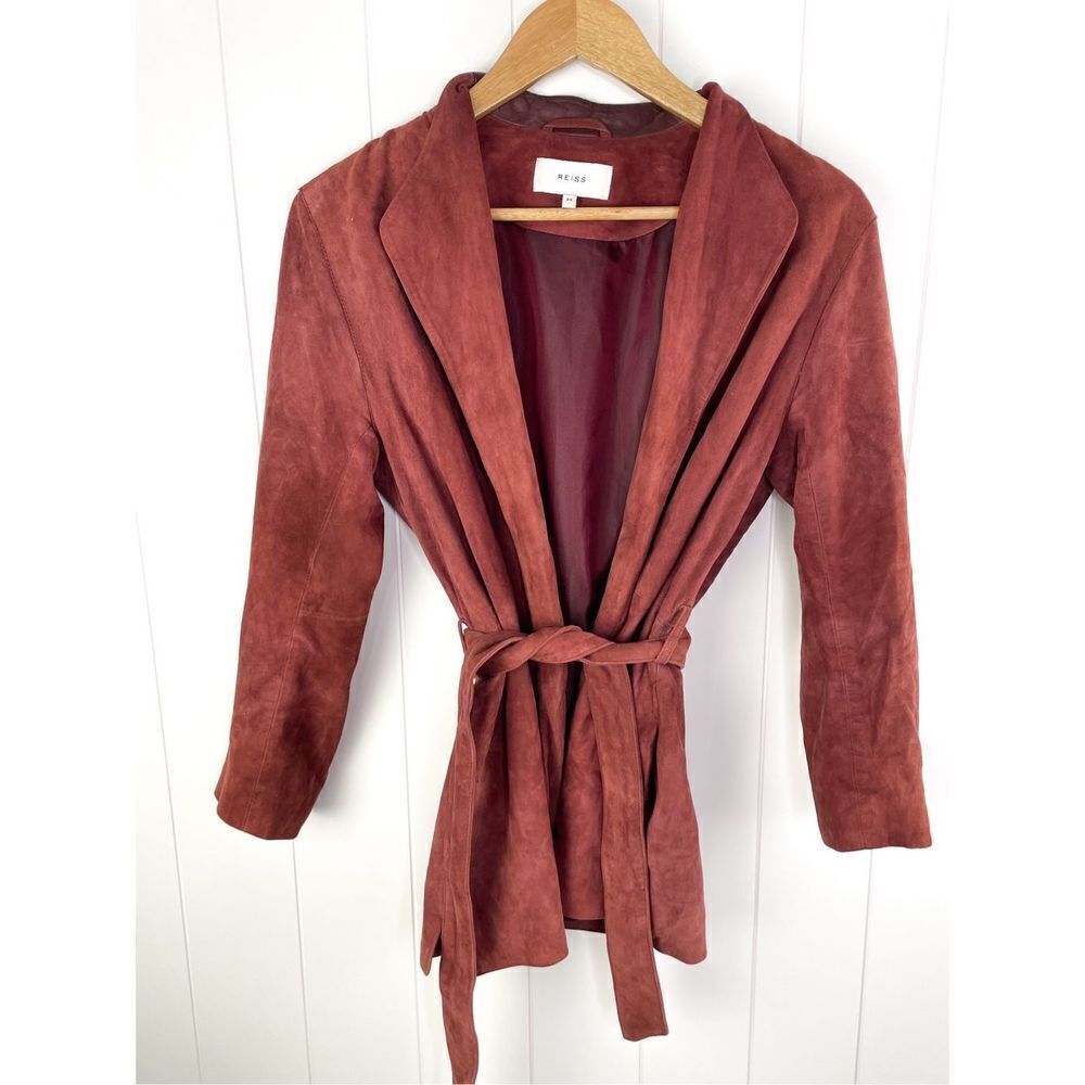 Reiss Willow Goat Suede Wrap‎ Belted Tie Brick Red Jacket XS Leather Coat Kimono